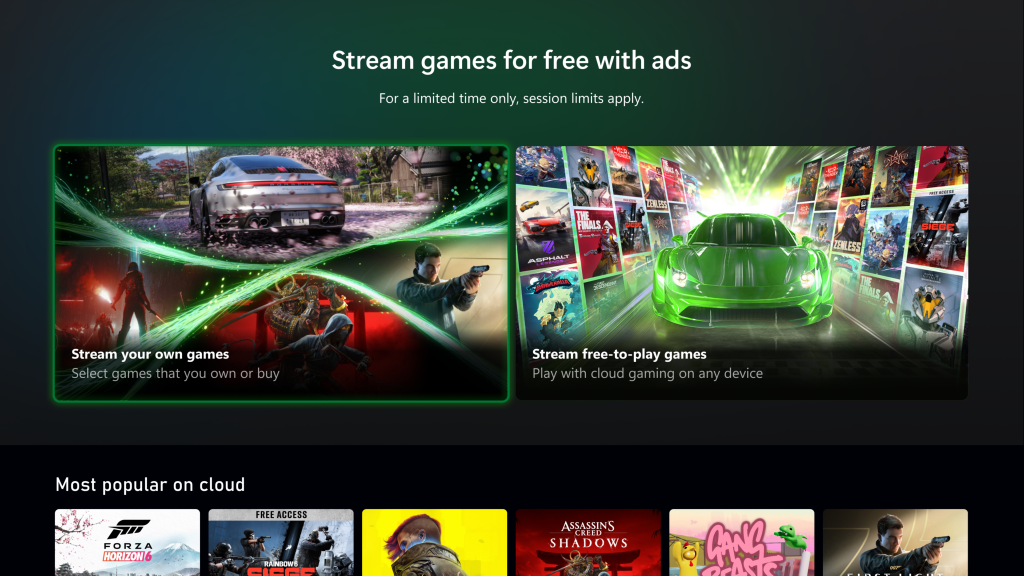 Xbox 광고 지원 클라우드 스트리밍 시험 안내 화면. 보유 게임과 무료 게임 선택지가 표시돼 있다.