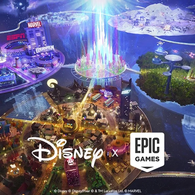 Disney와 Epic Games 로고 아래 여러 Disney 세계가 연결된 2024년 공식 협업 발표 이미지